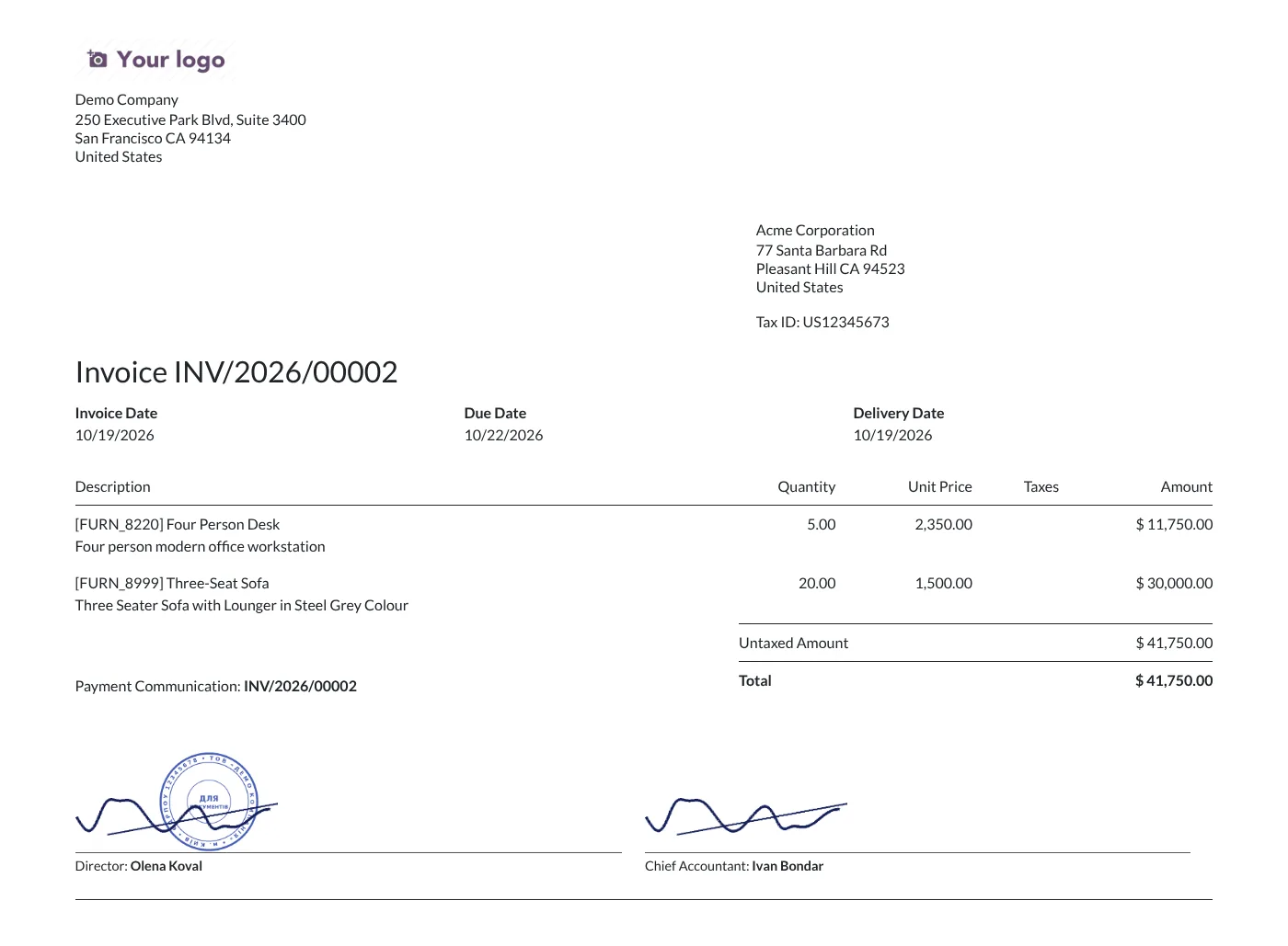 Invoice with signatures and stamp